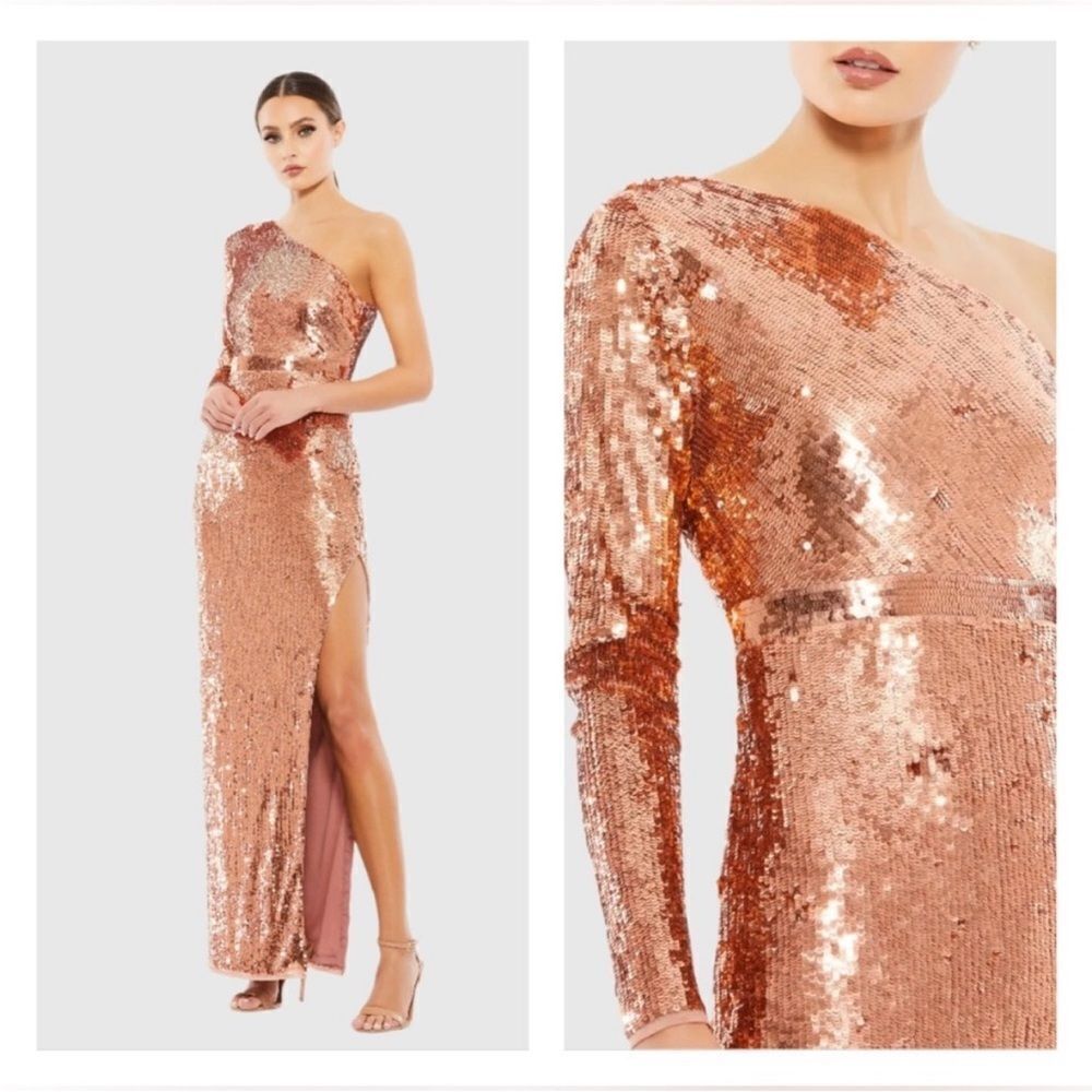 Mac Duggal 10788 One Sleeve High Slit Copper Sequin Gown NWT  $498